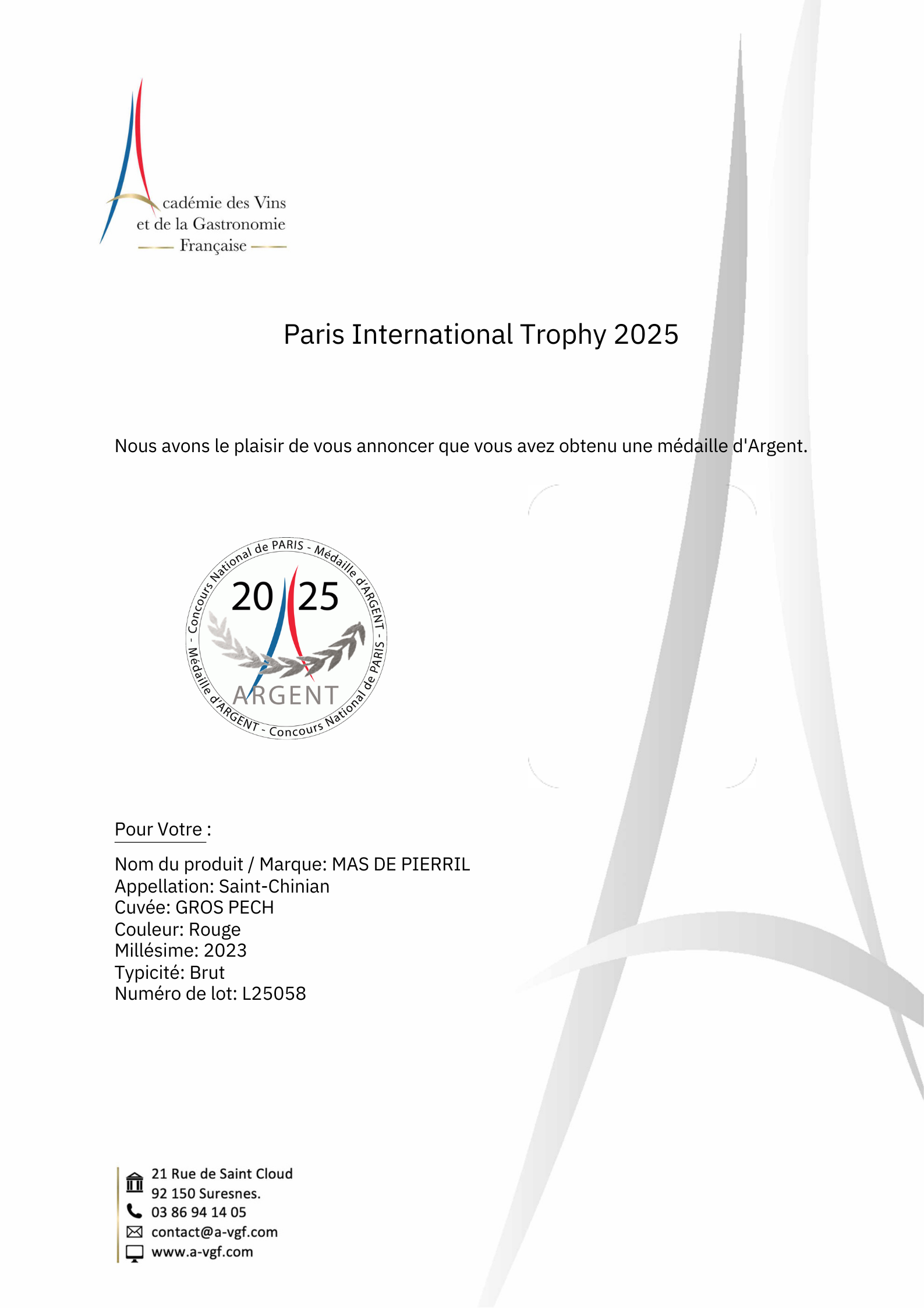 Médaille d'argent pour le Gros Pech en 2025